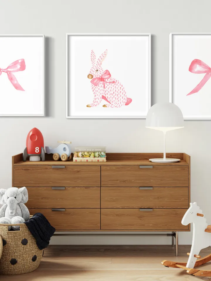 Pink Bow Watercolor Painting Wall Art Print, Baby Girl Gift, Bow Wall Art, Newborn Girl, Pink and White,Pink Chinoiserie Print, Giclee Print