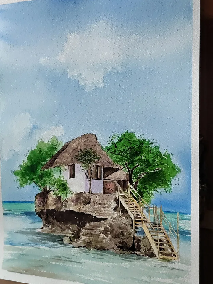 Zanzibar Seascape Painting Restaurant Rock Artwork Original Watercolor Painting White House on the Rock Art 11.81x15.74 in by SoftWaves