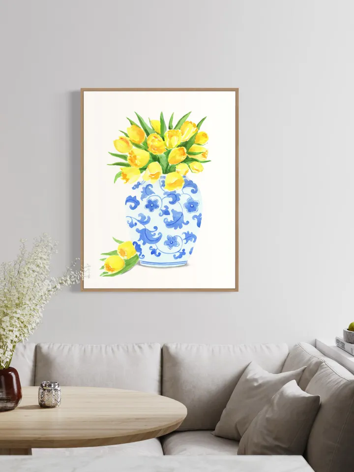 Chinoiserie Vase And Yellow Tulips, Blue White Ginger Jar, Flower Vase Painting, Vintage Chinoiserie, Ginger Vase, Apartment Decor, Print