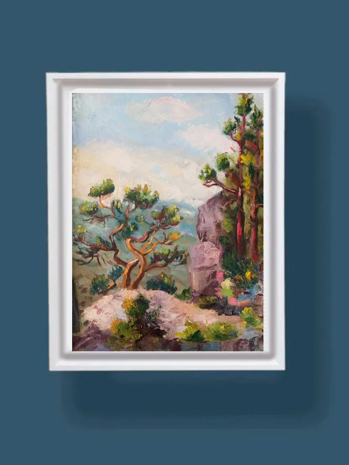 Original Oil Painting on Canvas, Landscape Wall Art Pine Tree, Mountain Fine Art