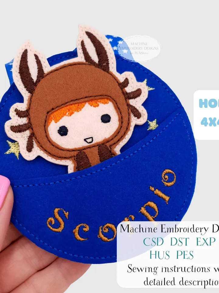 ITH Scorpio Zodiac Finger Puppet & Bag Embroidery Design, Scorpion Star Sign Toy, 4x4 Hoop Christmas Ornament