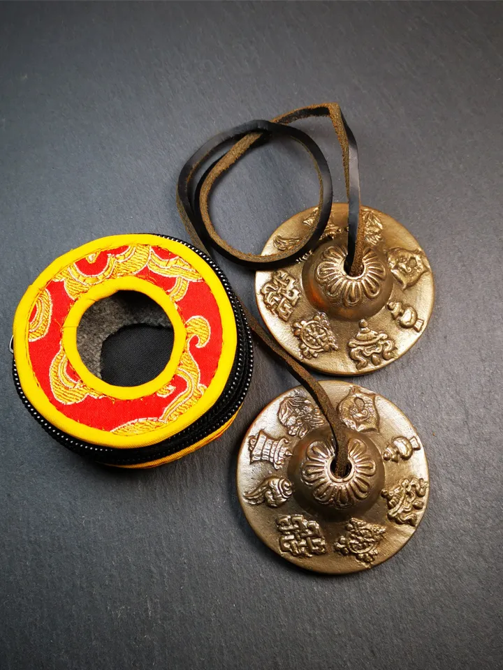 Gandhanra 6.5cm Tibetan Cymbals,Tingsha Bell,Buddhism Ritual Implement,Handmade in Nepal,Astamangal Pattern