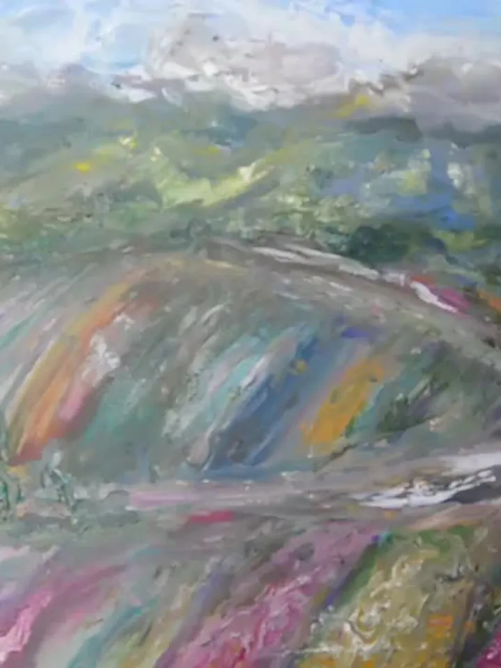 Japanese fields large canvas ,original oil landscape painting,,meadows,mountains,coloured fields painting,50/70 sm canvas wall art.