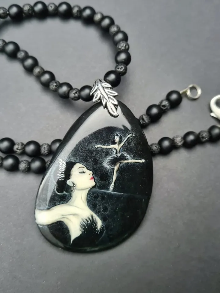 Necklace ballerina black swan Oil painting Miniature on agate One of a kind