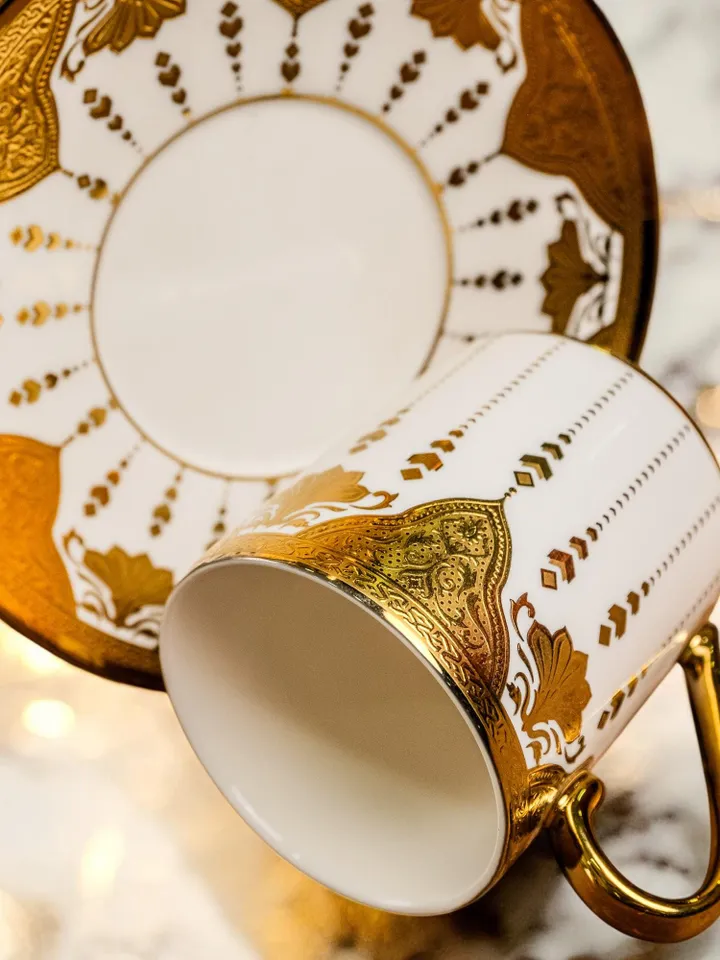 14K Genuine Gold Powder Porcelain Tea Cups And Saucers | Tea Cups Saucers Set | Gold Porcelain Set | Elegant Teaware | Gift For Tea Lovers