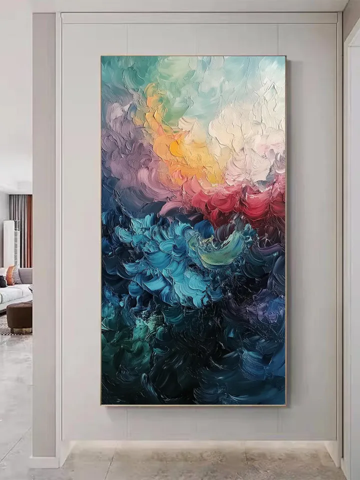 Original Abstract Colorful Waves Oil Painting on Canvas | Blue, Pink, and Gold | Wall Art for Modern Home Decor Large Wall Art | Bedroom Art