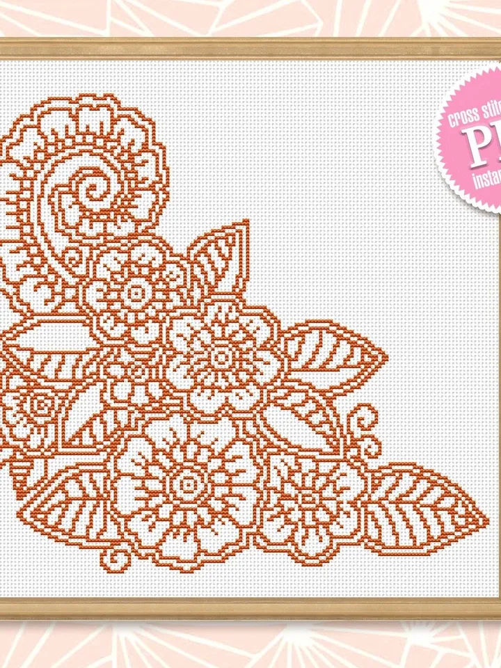 Flower mandala cross stitch pattern download PDF Flower corner cross stitch chart, Floral mandala pattern digital PDF, Flower ornament #M37