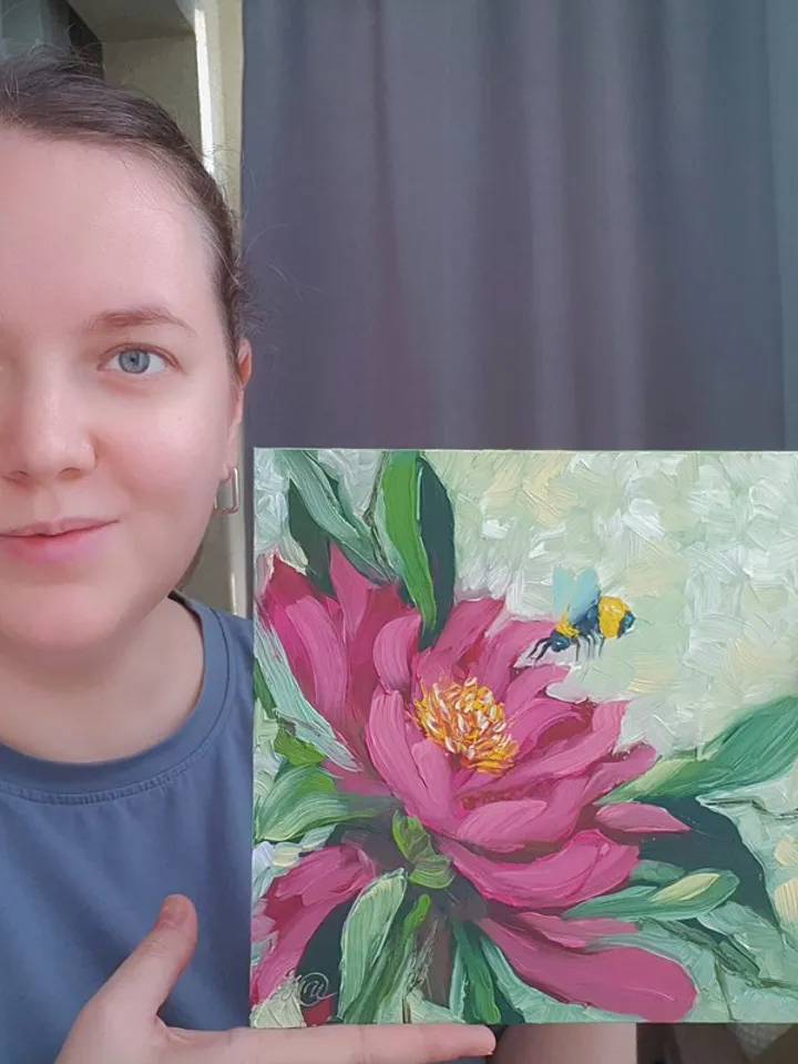 Bee Painting Floral Original Art Tropical Wall Art Flower Small Oil Painting