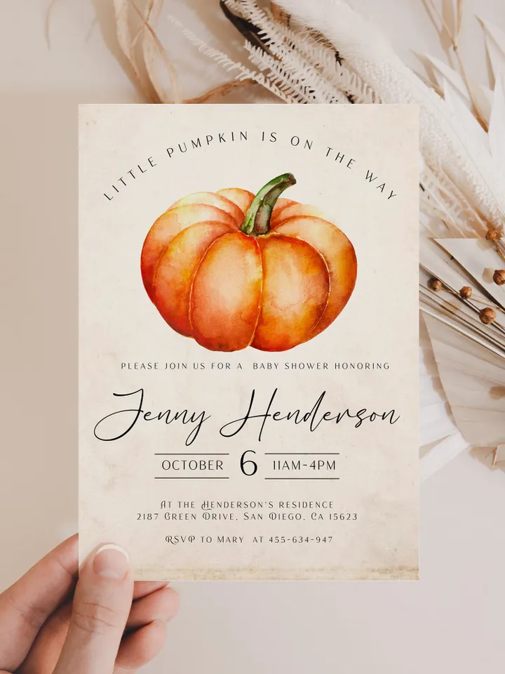 Little Pumpkin is on the way; Editable Autumn Pumpkin Baby Shower Invitation Template Canva; Fall 2022 Autumn Watercolor Pumpkin Invitation