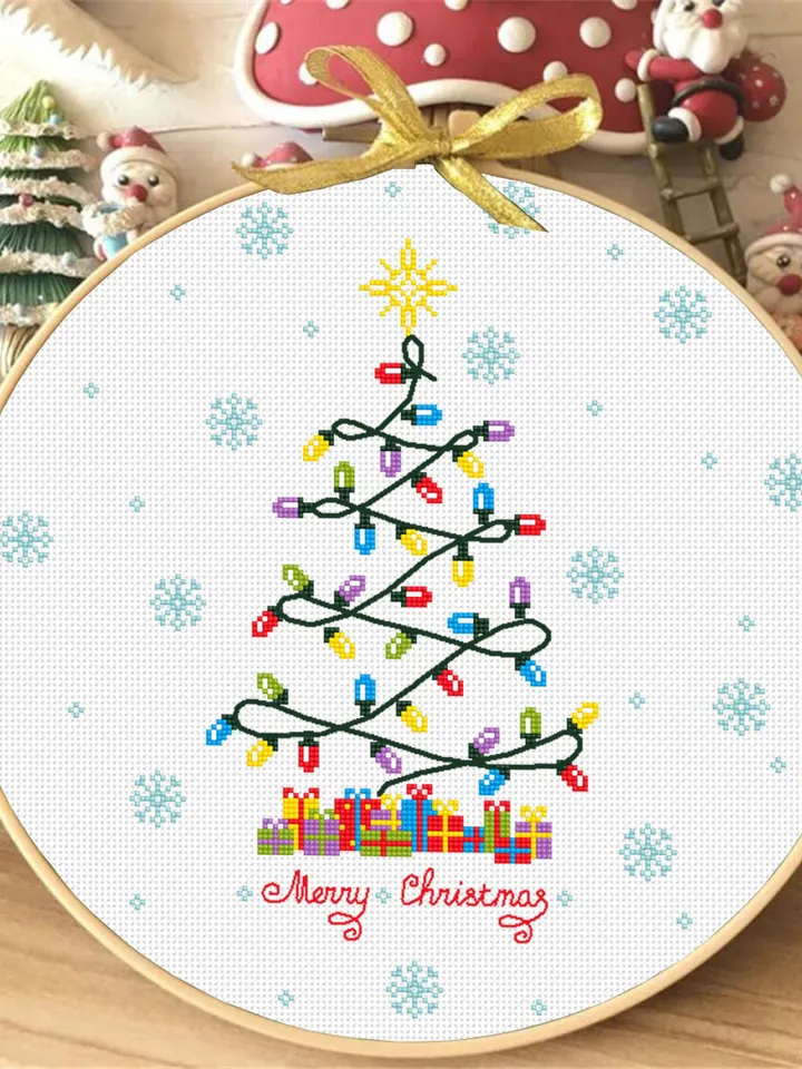 Christmas tree lights cross stitch pattern PDF download Xmas cross stitch chart, Merry Christmas pattern digital PDF, Christmas decor #N153