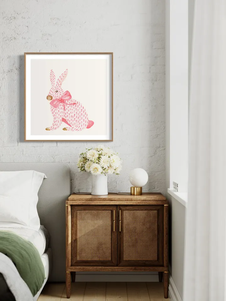 Pink Rabbit Watercolor Painting, Chinoiserie Rabbit, Pink Bunny Nursery, Baby Easter, Chinoiserie Bow Art, Pink Bow Art, Girls Room Decor