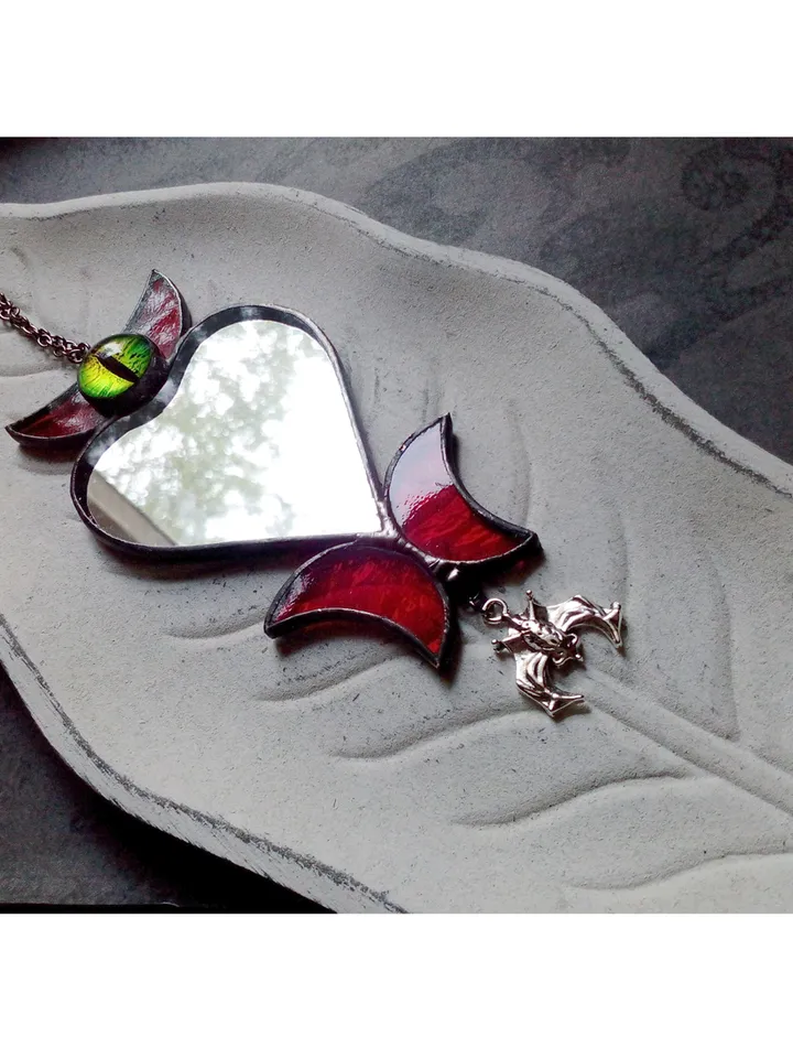 Stained glass scrying mirror necklace, Black goth ornate mirror, Bat mirror, Car hanger, Witch mirror, Heart mirror
