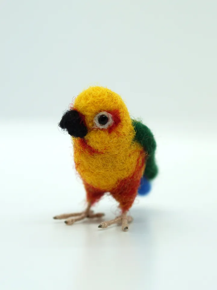 Miniature needle felted Jenday Conure, miniature parakeet, tiny parrot, made to order