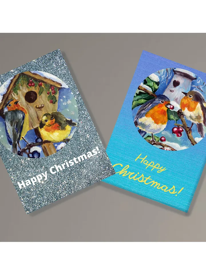 Christmas Cards with Birds Painting, Set of 5 Printable Holiday Cards, Digital greeting card, Printable Xmas cards
