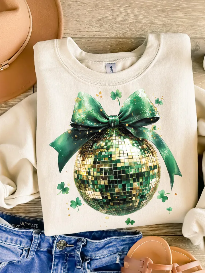 St Patricks Day Disco ball Coquette Bow Four Leaf Clover Lucky Shamrock Bow Lucky Charm Irish Day Shirt Design St Pattys Day Coquette Png