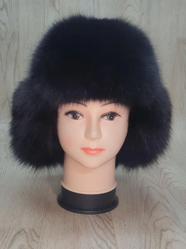Women's Hat Zimushka from Fox. Fur hat from Natural Fur. Top of the Hat Genuine Leather. Winter hat. Handmade. Black hat made of arctic fur