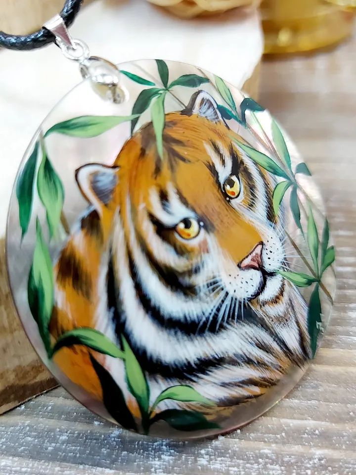 Pendant "Tiger" Mother-of-pearl Hand-painted Summer jewelry Russian jewelry magic of painting fine art jewelry Fedoskino Gift Collectible