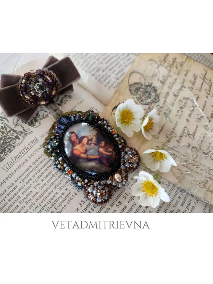 Brooch Order with the image of Leonardo da Vinci's painting "Saint Anne with Madonna and Child of Christ" Jewelry Painting Renaissance Art Baroque Artist Style Beaded Brooch Order