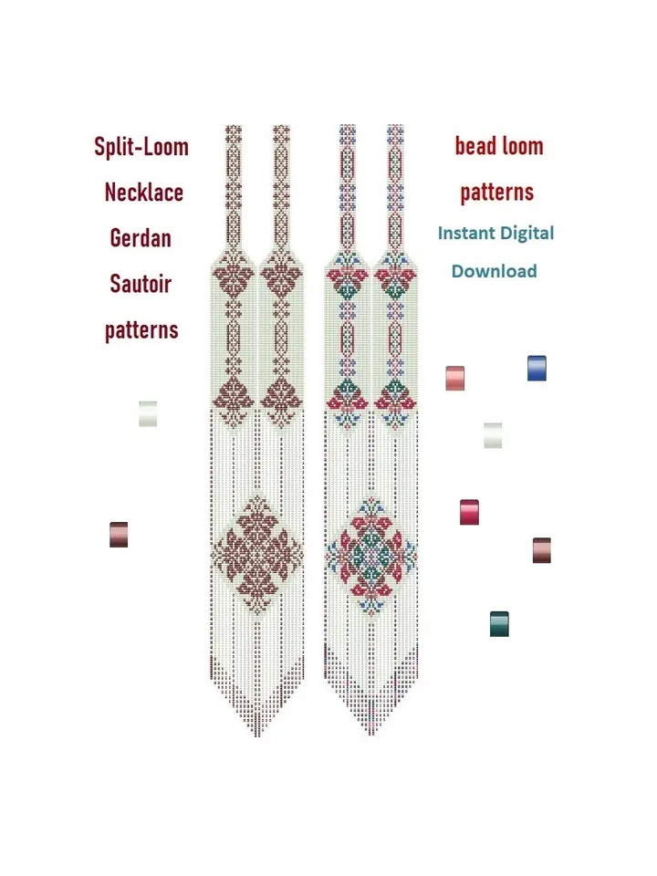 Beading loom patterns, Sautoir-Gerdan-Split-Loom Beaded Necklace, Beading Loom Stitch, Square Stitch, Instant Download, PDF