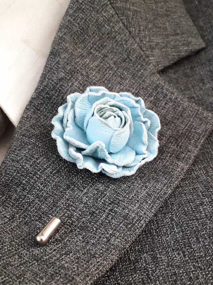 Blue rose men's lapel pin Leather boutonniere for him  for 3rd wedding anniversary gift, art 9