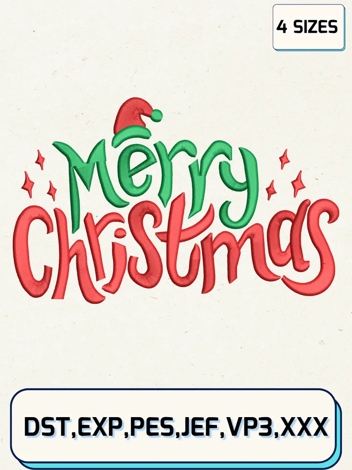Merry Christmas Embroidery Design,Christmas Embroidery Designs,Machine Embroidery Files,4 Sizes