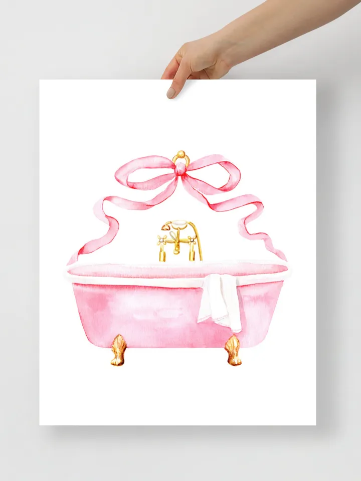 Pink Bathroom Vintage Bow Art Print, Watercolor Painting, Retro Bathroom Decor, Girls Bathroom Decor, Pink Bathtub, Gift For Her, Bath Time
