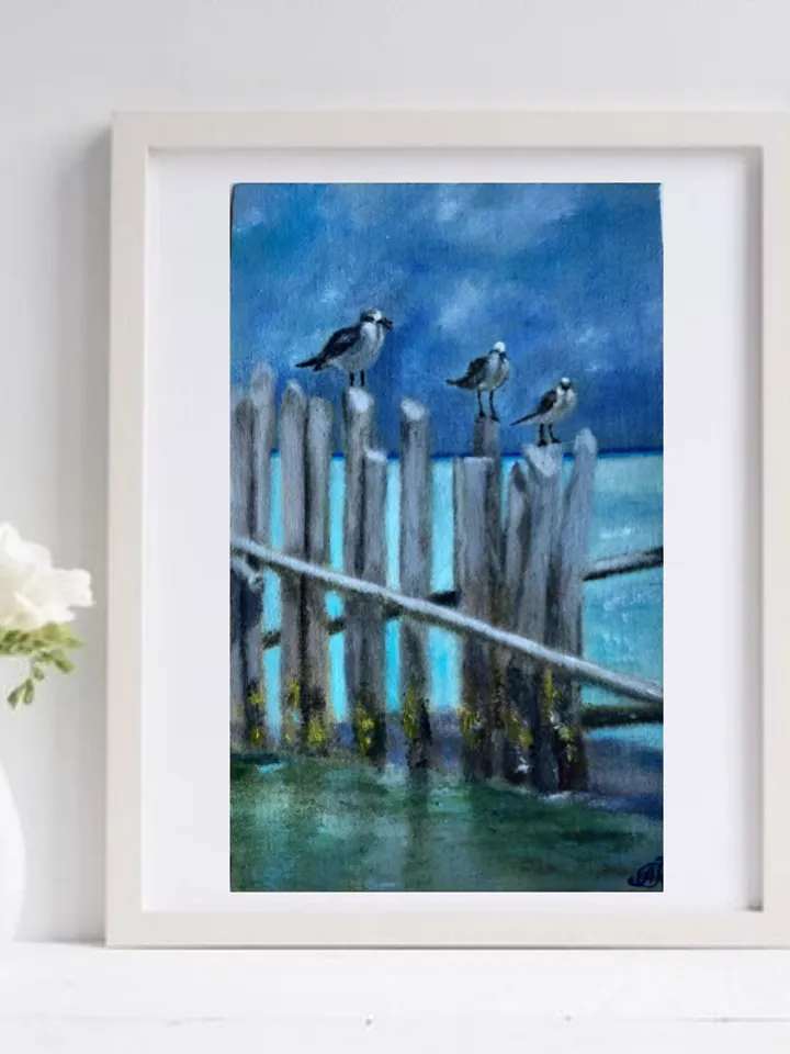 Seagulls original oil modern painting wall art 5x8 inches