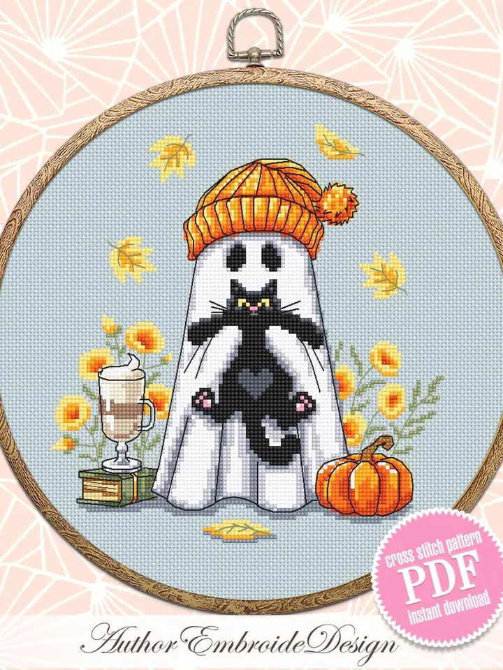 Ghost with black cat cross stitch pattern PDF download Cute ghost cross stitch chart, Halloween pattern digital PDF, Fall leaves #H87
