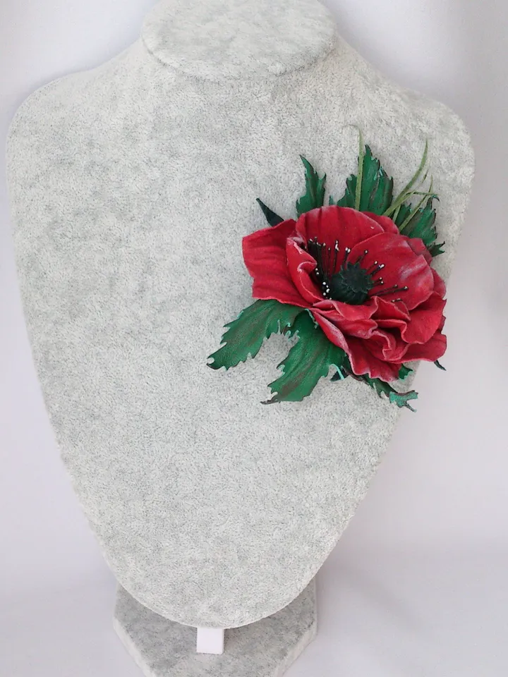 Leather brooch poppy for her, Leather womens jewelry