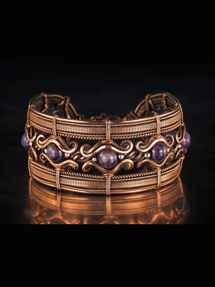 Copper wire wrapped bracelet with amethyst for lady Antique style WireWrapArt