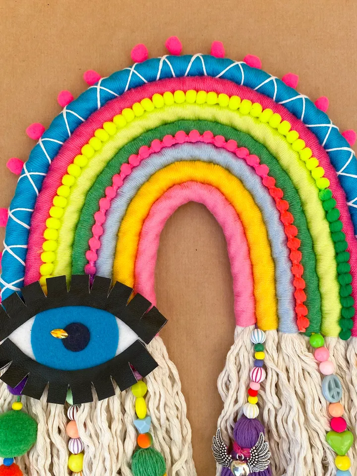 Colorful wall decor, Hippie room decoration, Macrame rainbow with evil eye, Funny gift, Boho home decor