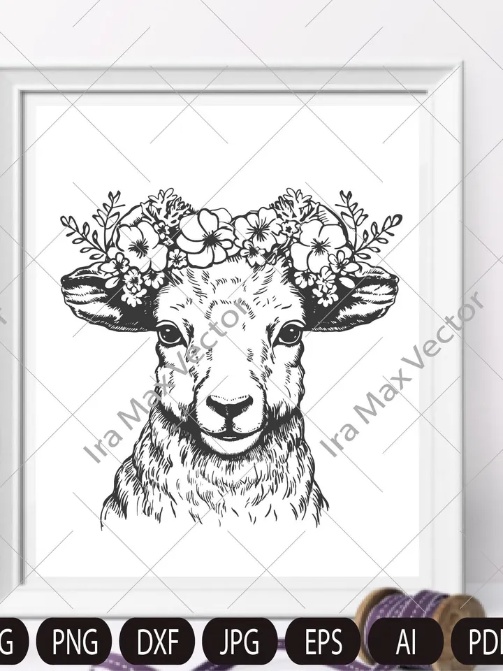 Lamb Svg, Sheep svg, lamb with flower crown, Cute Farm Animal, Livestock,farm life, Lamb Clipart, Lamb Vector, Lamb printable, Lambs svg