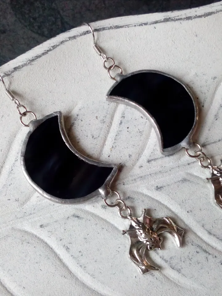 Glass crescent earrings, Bat earrings, Black crecsent, Witchy aesthetic, Witch earrings, Goth moon earrings, Halloween