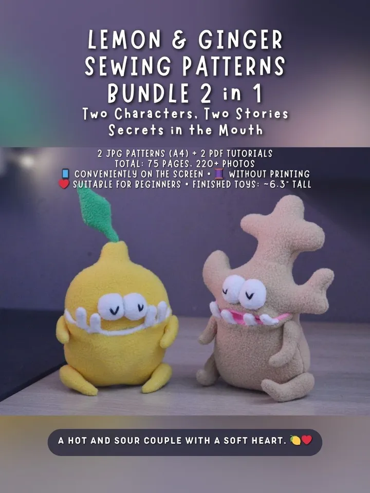 PDF sewing pattern set: movable plush toys Lemon & Ginger softies