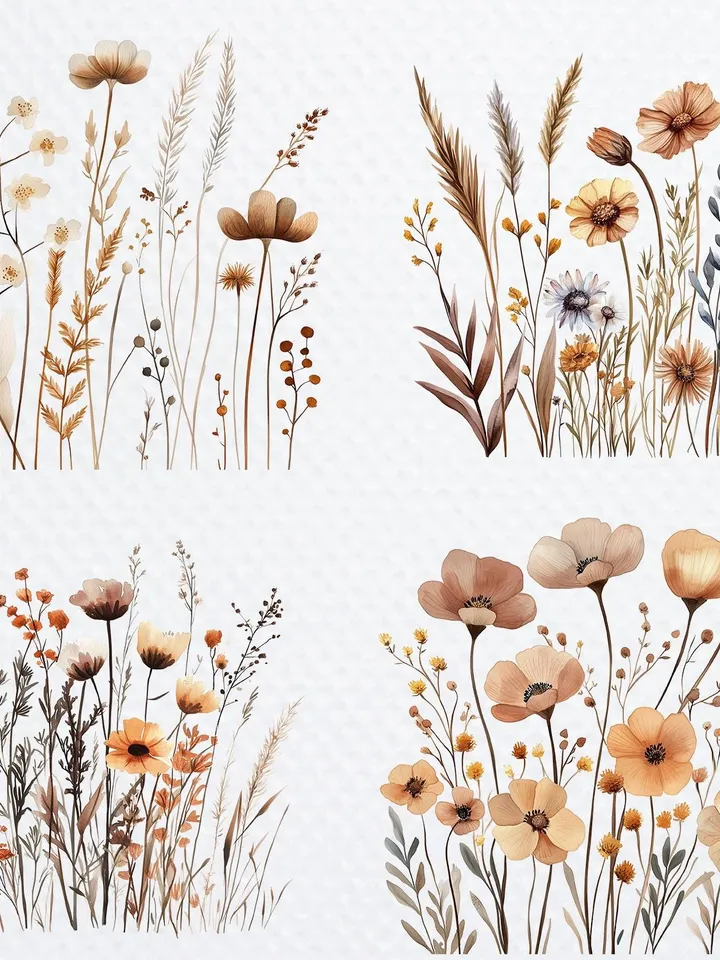 20 Boho Flowers Bouquet PNG Bundle, Minimalistic Flowers Printable Watercolor clipart for sublimation, Wall Art, crafting, junk journals