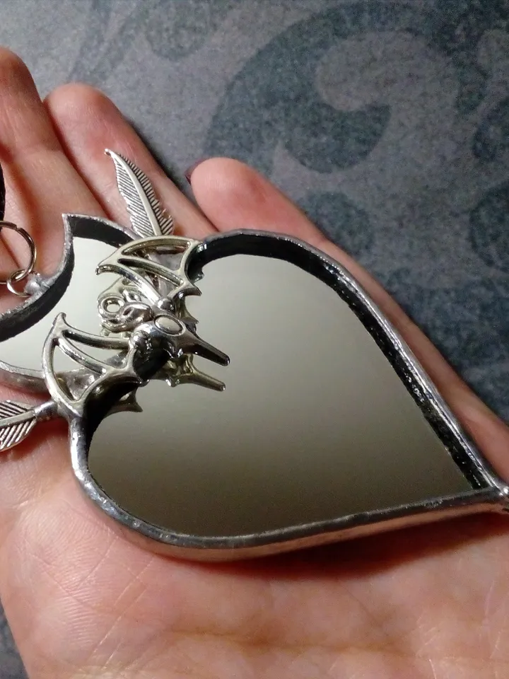 Stained glass scrying mirror, Black goth ornate mirror, Bat mirror, Car hanger, Witch mirror, Heart mirror