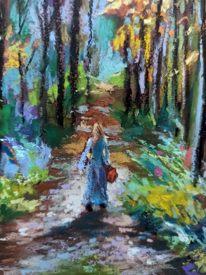 Original graphics, Forest autumn landscape, Girl walking in the forest, Nature,Oil pastel drawing on A4 craft paper.