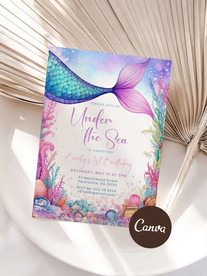 Editable Under the Sea Purple Teal Little Mermaid Birthday Invitation Birthday Invite Invites Printable Canva Template Instant Download