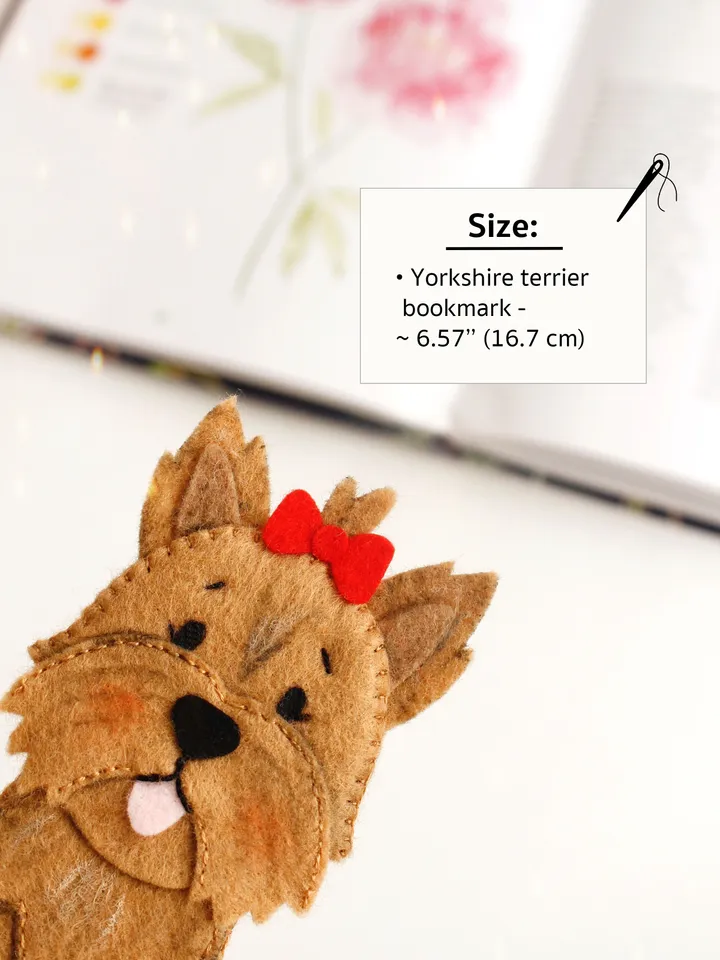 Felt long Yorkshire terrier bookmark hand sewing PDF tutorial with patterns. DIY dog breed bookmark. Book and pets lover gift. Felt school supplies