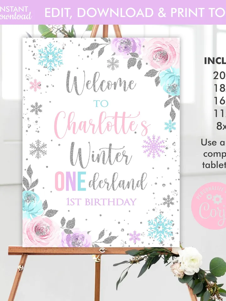 Winter Onederland Welcome Sign, Winter Onederland 1st Birthday Girl Decor, Pink Purple Teal Silver Snowflake Birthday Sign, Editable i098