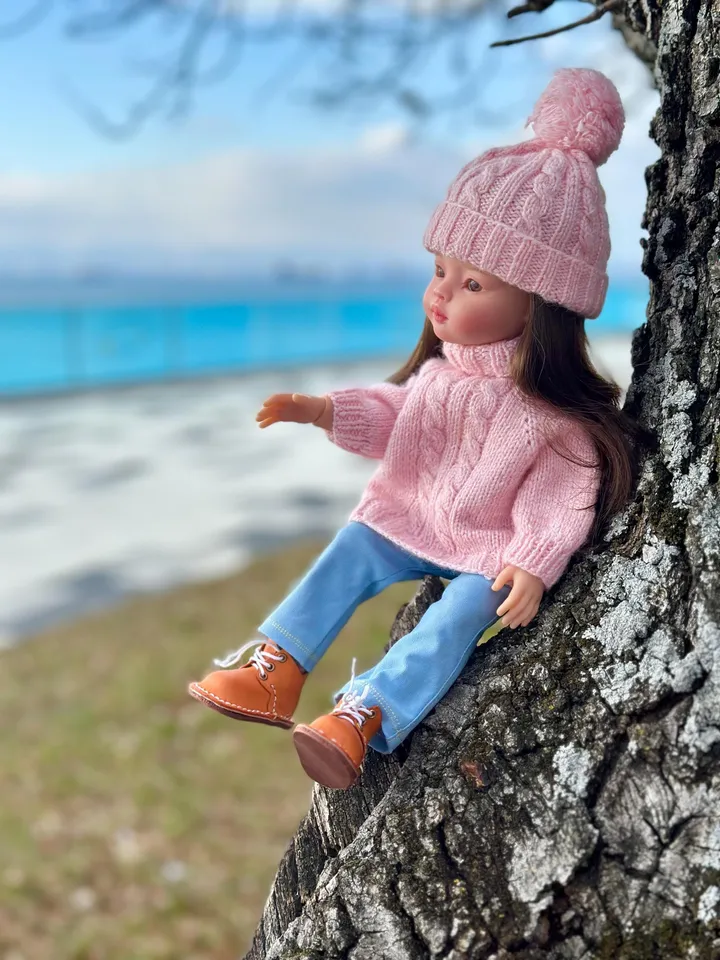 Set sweater & Hat with ponpon Paola Reina KNIT PATTERN and tutorial for Boneka 12-13 inch doll, Ruby Red Siblies, Les Cheries 32 cm PDF eng