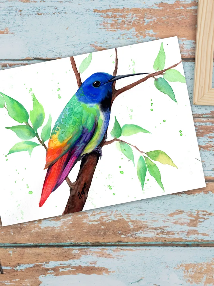 Colorful Hummingbird original watercolor, bird on the branch painting, colibri portrait wall decor, 8x11 in room art for bird lovers by Anne Gorywine
