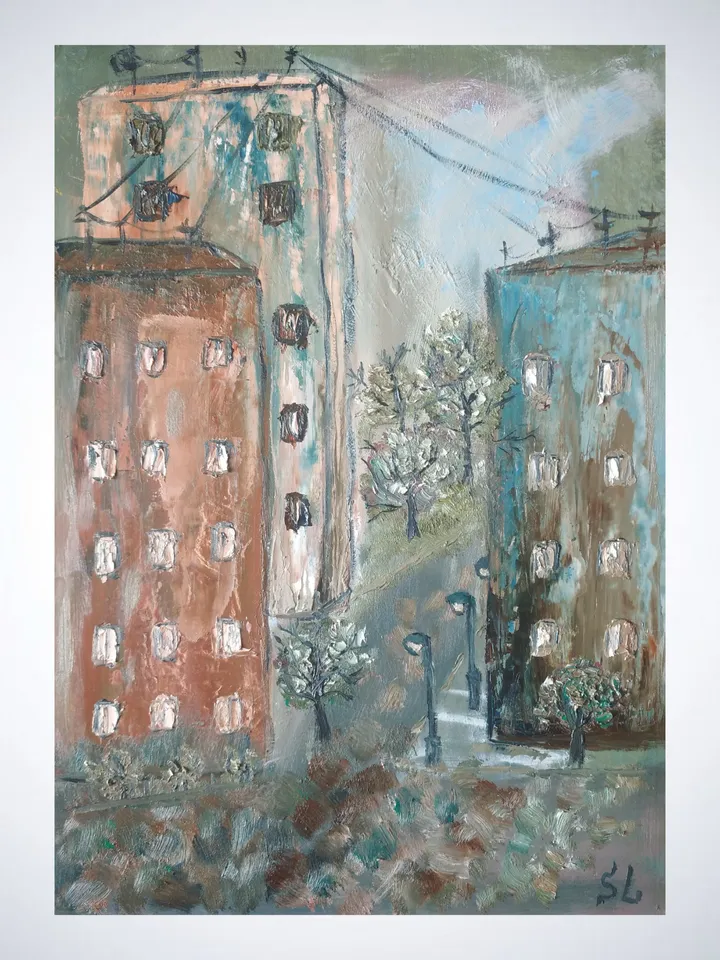 Oil Painting City Streets at Dawn, Empty Streets, Original Art, Handmade, Paper 12x8 inches