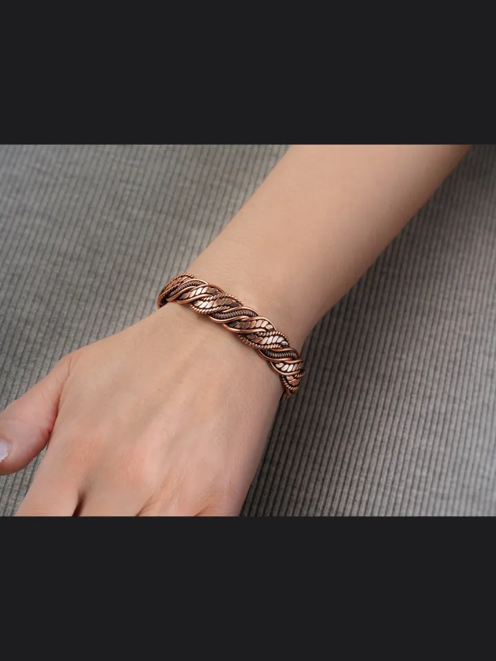 Wire wrapped bracelet, Unique 7th 22nd Anniversary gift idea, Art Nouveau antique style, One of kind braided statement bangle, Handmade oxidized pure copper jewelry, Pain relief, EMF protection
