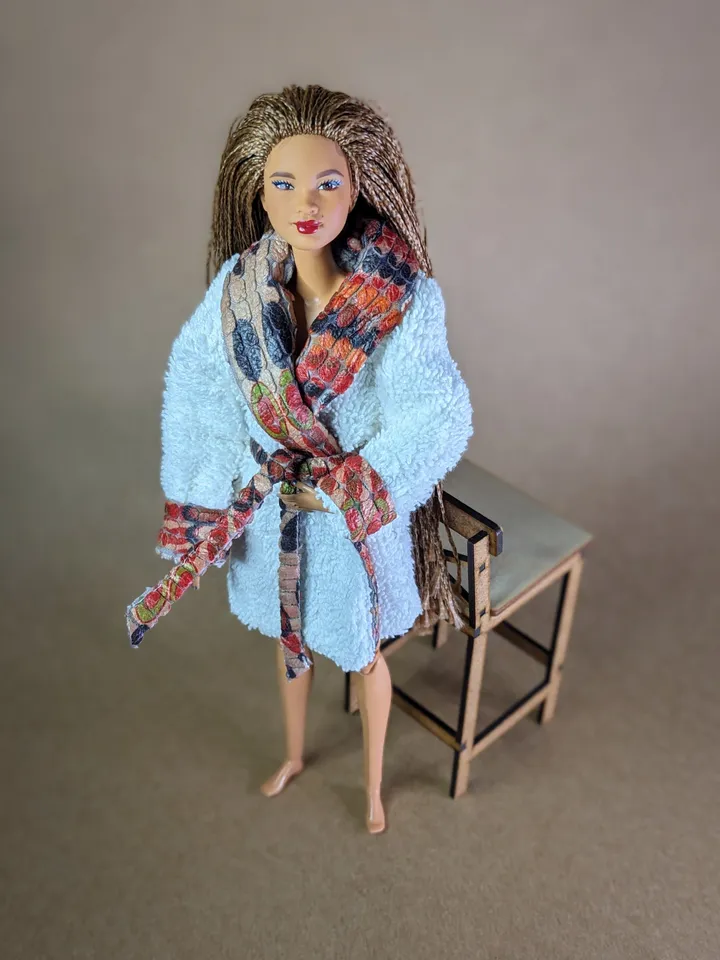 Handmade white & brown terry bathrobe for 1/6 scale fashion female dolls