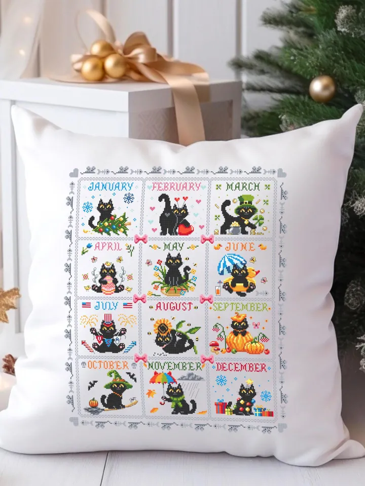 Funny cat calendar cross stitch pattern PDF download Black cat cross stitch chart, Cute cat pattern digital PDF, Cat holiday cards #K60