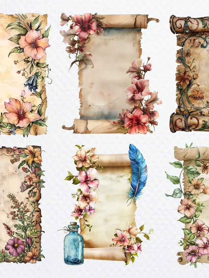 33 PNG Vintage Scroll Bundle, Watercolor Floral Old Paper clipart, Printable Watercolor clipart, Digital download, Paper craft, junk journal