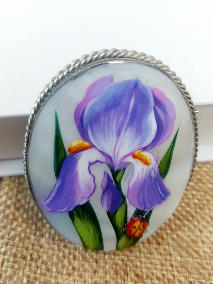 Nice "Iris" Hand Painted Russian Fedoskino Mother-Of-Pearl Brooch/Pin/Miniature hand-painted/Russian fine art jewelry/ Russia gift for woman