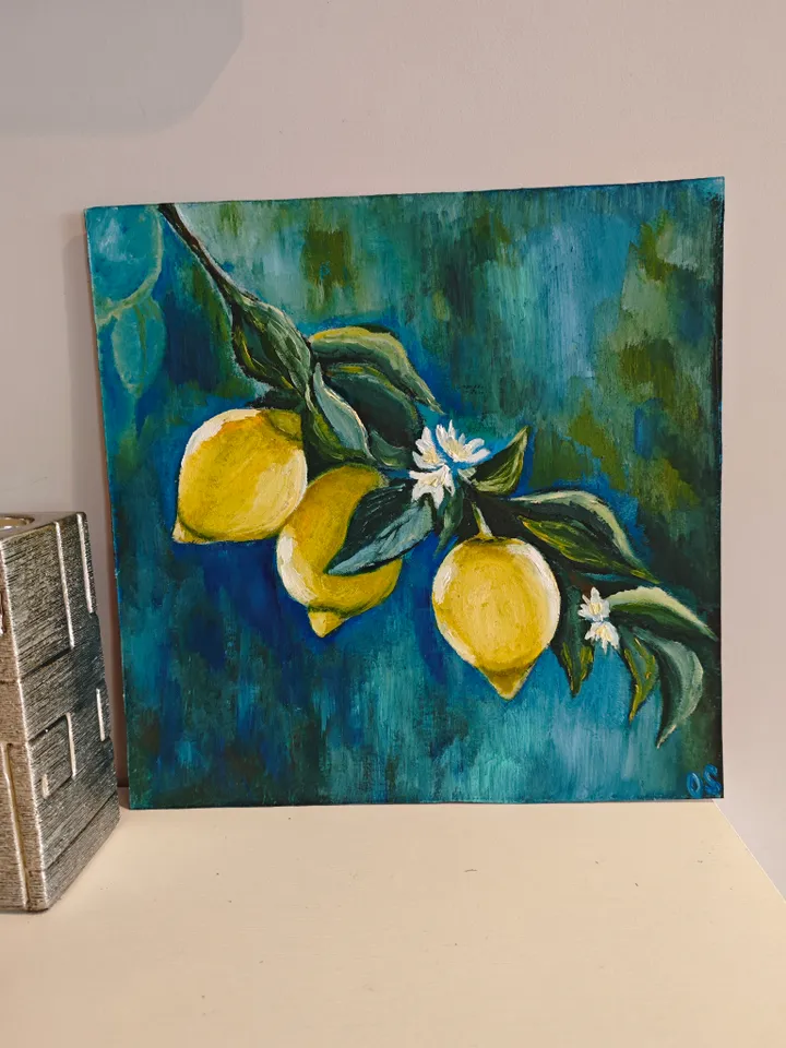Lemons Original Painting Lemon Branch Artwork Three Lemons Modern Art Lemon Tree Branch Oil Painting Lemon Wall Decor 11.8 x 11.8 inches by OlgaSokolovaArt