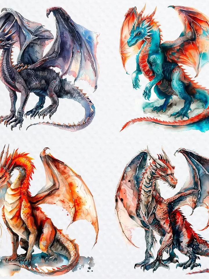 12 Dragon PNG Bundle, Chinese Dragon PNG, Printable Watercolor clipart, High Quality PNG, Digital download, Paper craft, junk journals